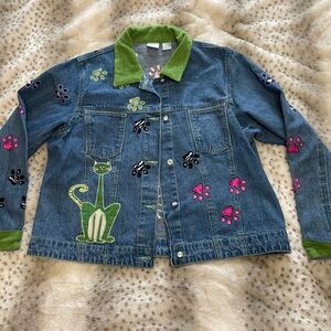 Vintage Blue Bayou Denim Jacket with Cats and Paw Prints XL